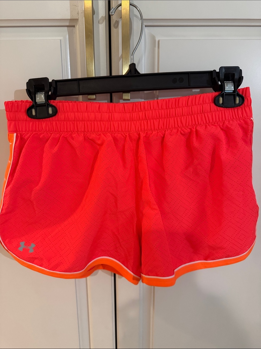 Under Armour Women's Neon Coral Athletic Shorts with Orange Trim